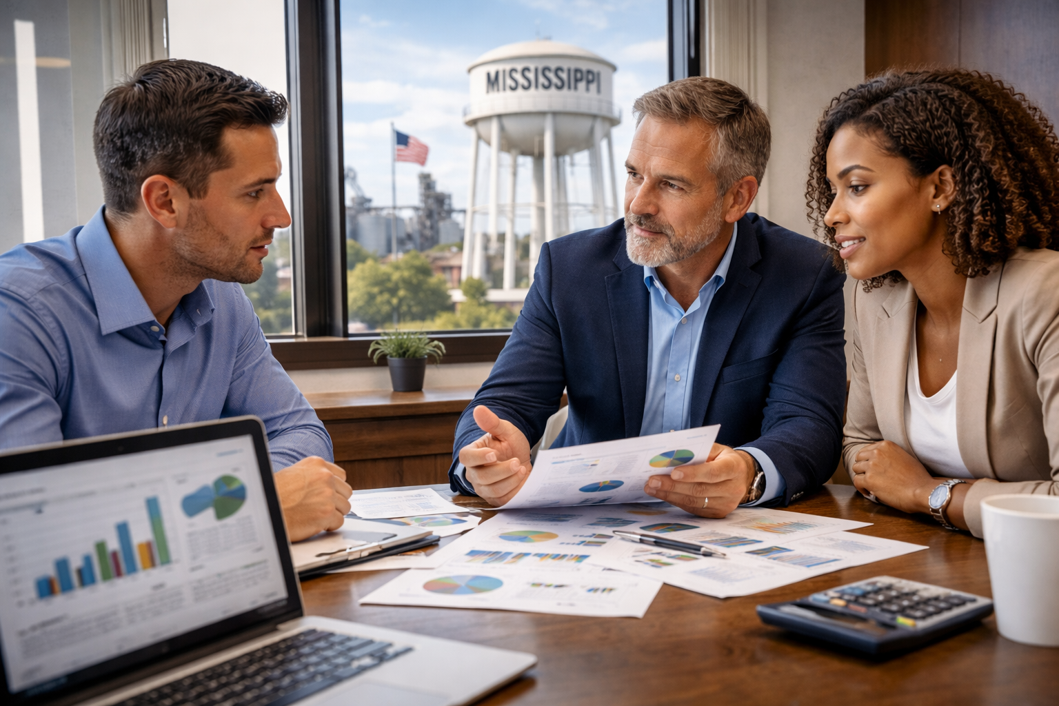 Business acquisition meeting in Mississippi with buyers reviewing financial reports and valuation documents.