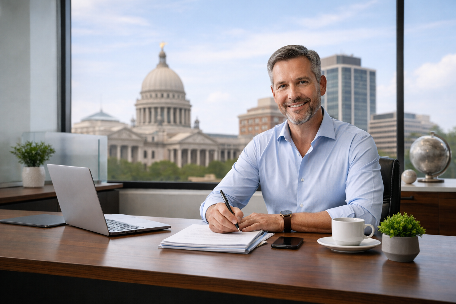 Mississippi business owner reviewing financial documents in a downtown office while planning company growth strategy.