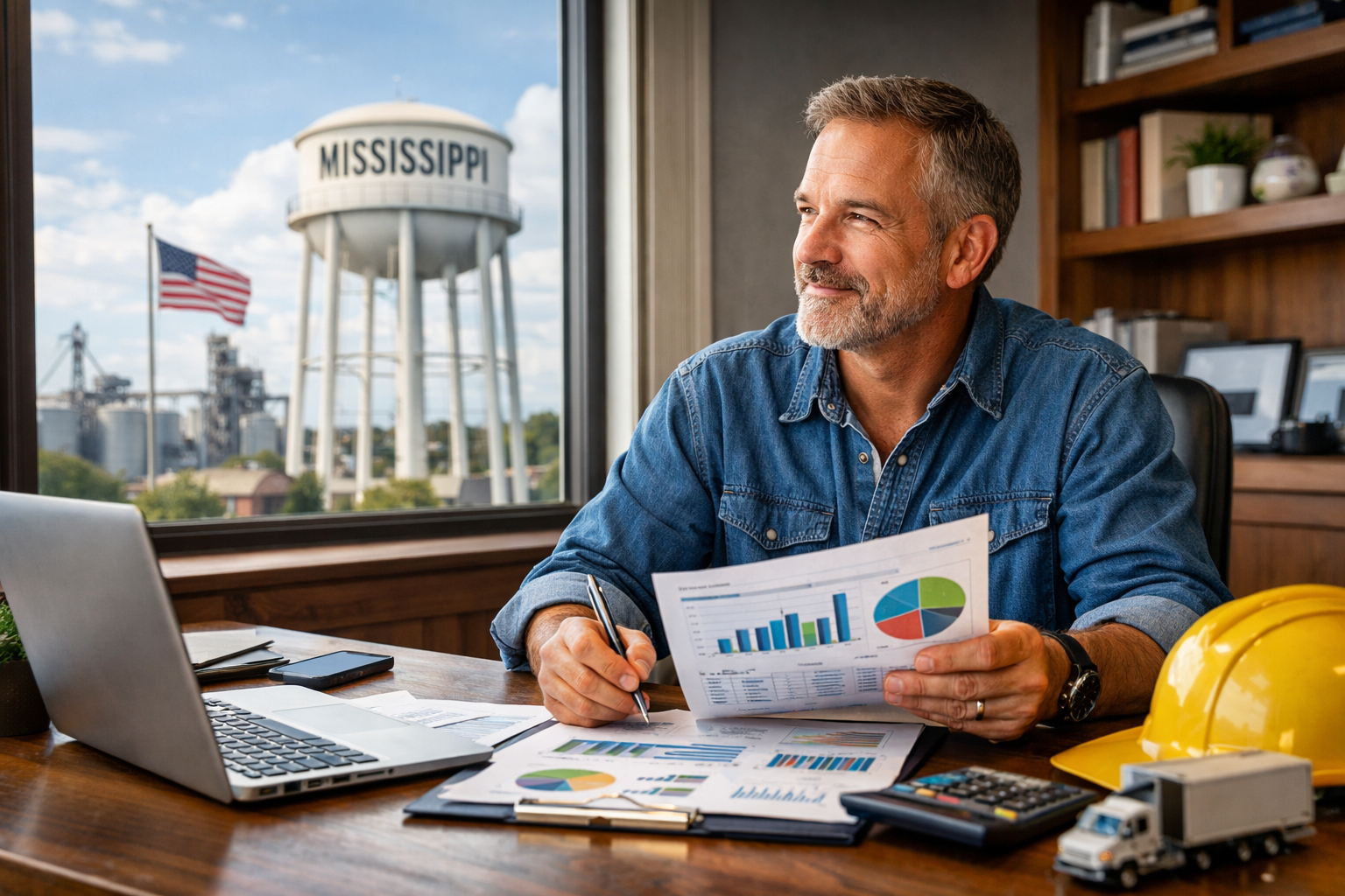Mississippi business owner reviewing financial reports and growth strategy in office with industrial backdrop.