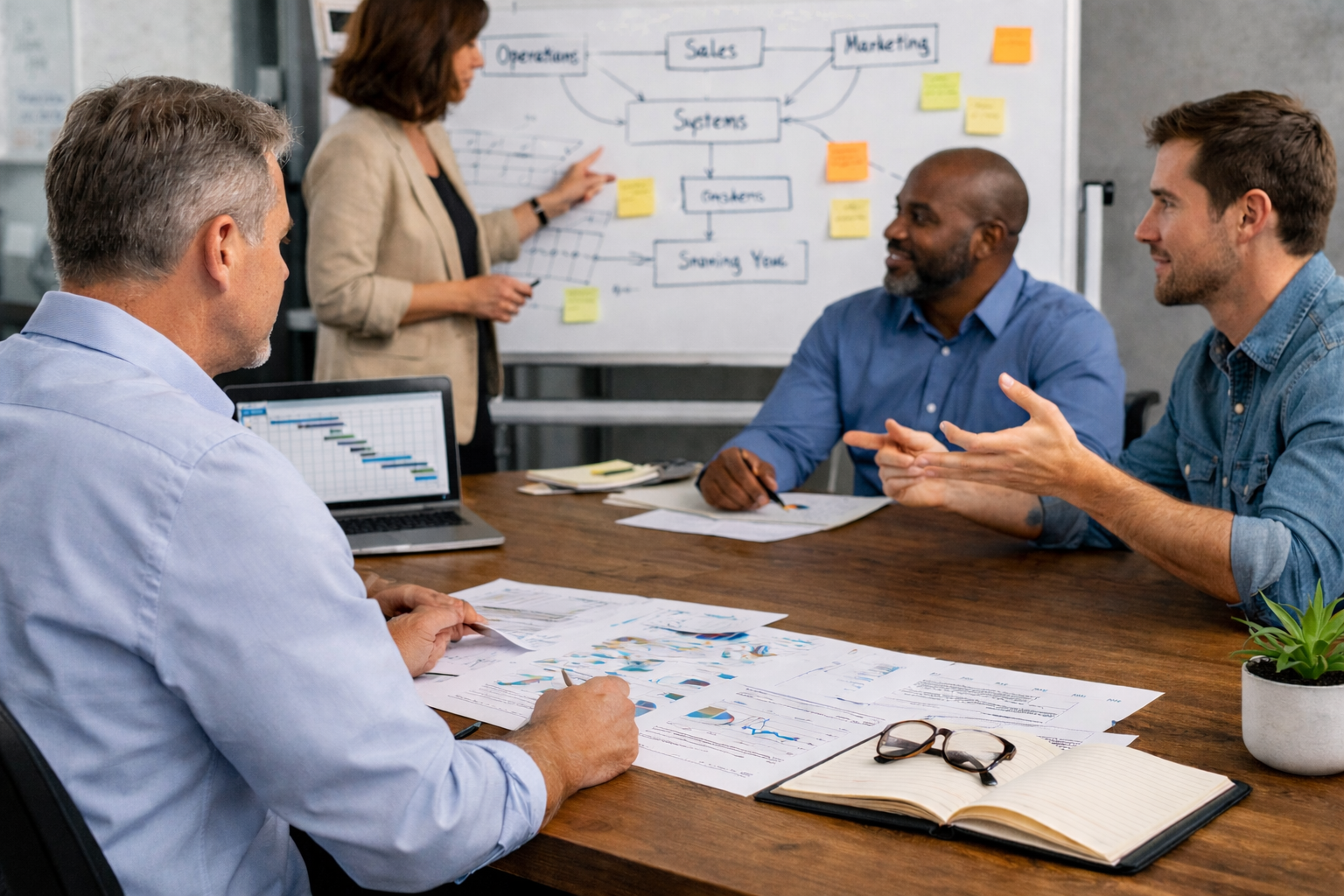 Business owners reviewing documented systems to support strategic growth and reduce owner dependence