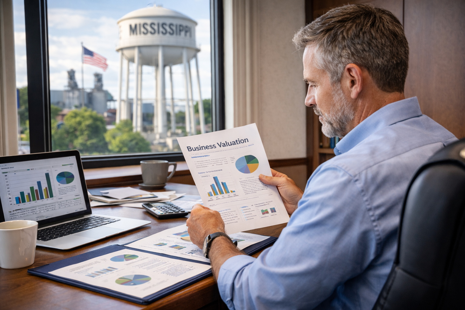 Mississippi business owner reviewing business valuation report and financial charts in office.