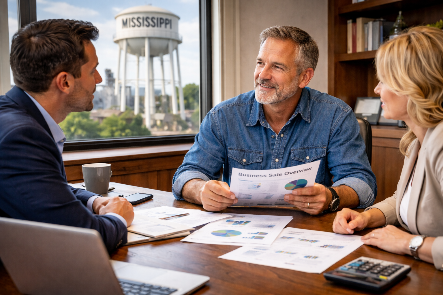 Mississippi business owner discussing company sale with advisors while reviewing financial documents.